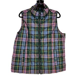 Lands End Girls Puffer Vest Down Filled Plaid Green Size L 14 - 16 Pockets